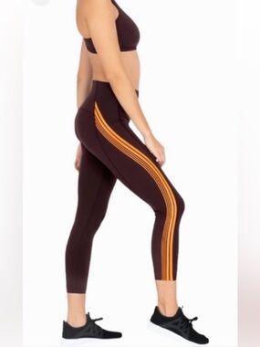 SPANX burgundy Capri Leggings with Orange Side Stripes